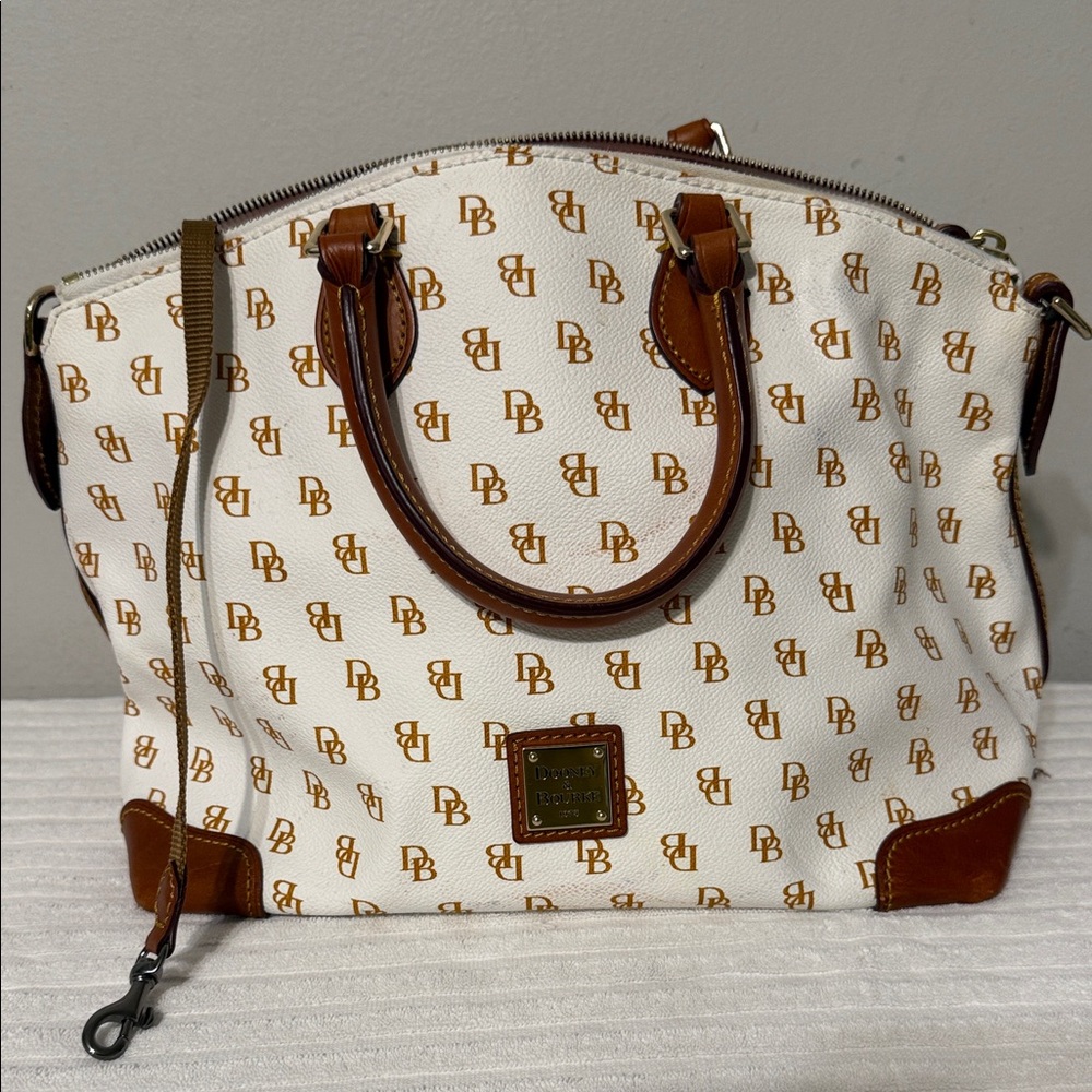 Dooney & Bourke Monogrammed White and Tan Satchel